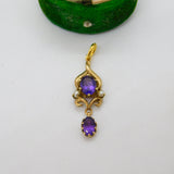 9ct Yellow Gold, Seed Pearl & Amethyst Set Lavalier Drop Pendant Antique c1920