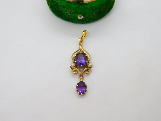 9ct Yellow Gold, Seed Pearl & Amethyst Set Lavalier Drop Pendant Antique c1920