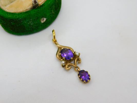 9ct Yellow Gold, Seed Pearl & Amethyst Set Lavalier Drop Pendant Antique c1920