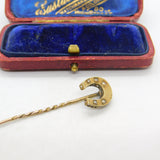 15ct Yellow Gold & Seed Pearl Set Horseshoe Good Luck Stick Pin c1890 Victorian