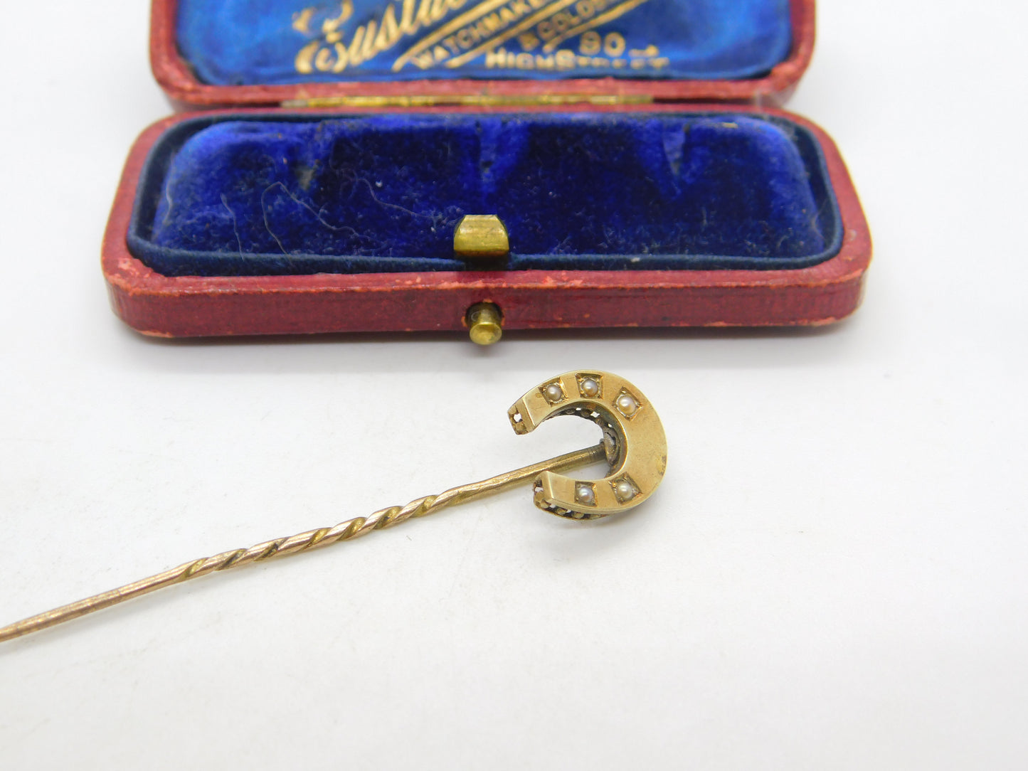 15ct Yellow Gold & Seed Pearl Set Horseshoe Good Luck Stick Pin c1890 Victorian