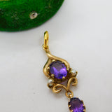 9ct Yellow Gold, Seed Pearl & Amethyst Set Lavalier Drop Pendant Antique c1920