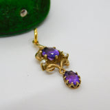 9ct Yellow Gold, Seed Pearl & Amethyst Set Lavalier Drop Pendant Antique c1920