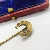15ct Yellow Gold & Seed Pearl Set Horseshoe Good Luck Stick Pin c1890 Victorian