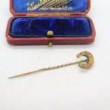15ct Yellow Gold & Seed Pearl Set Horseshoe Good Luck Stick Pin c1890 Victorian