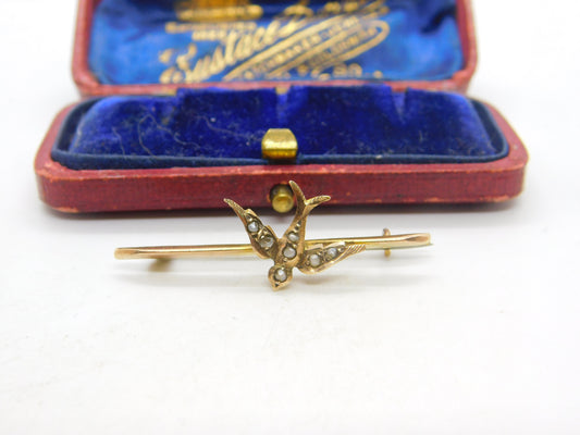 Edwardian 9ct Yellow Gold Seed Pearl Set Swallow Brooch 1909 Chester Antique