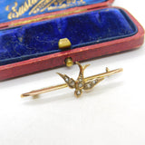 Edwardian 9ct Yellow Gold Seed Pearl Set Swallow Brooch 1909 Chester Antique