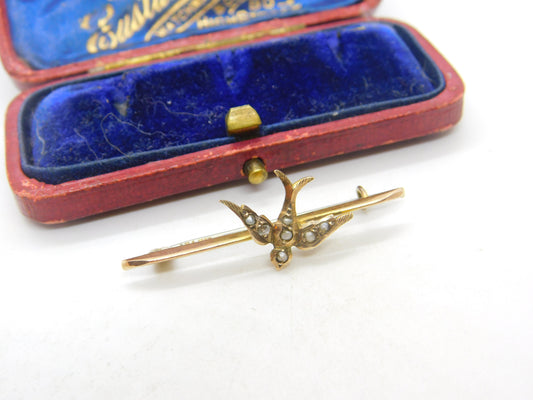 Edwardian 9ct Yellow Gold Seed Pearl Set Swallow Brooch 1909 Chester Antique