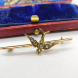 Edwardian 9ct Yellow Gold Seed Pearl Set Swallow Brooch 1909 Chester Antique