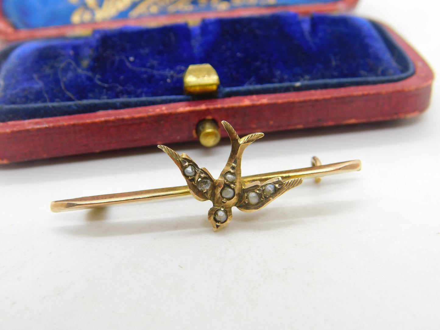 Edwardian 9ct Yellow Gold Seed Pearl Set Swallow Brooch 1909 Chester Antique