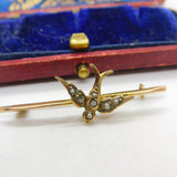 Edwardian 9ct Yellow Gold Seed Pearl Set Swallow Brooch 1909 Chester Antique