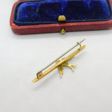 Edwardian 9ct Yellow Gold Seed Pearl Set Swallow Brooch 1909 Chester Antique