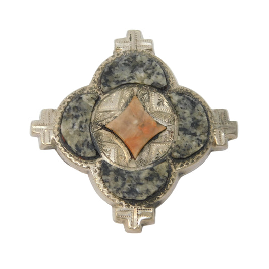 19th Century Scottish Sterling Silver, Granite & Carnelian Agate Brooch Antique