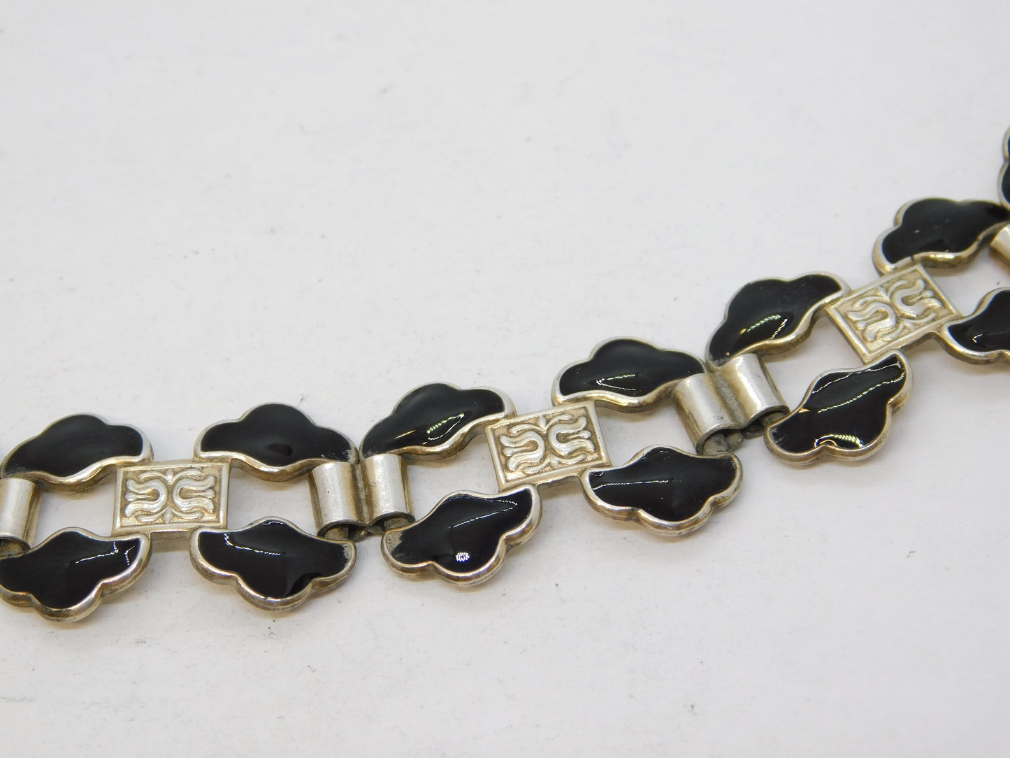 Norwegian Sterling Silver Black Enamel Panel Bracelet Antique c1930 Art Deco