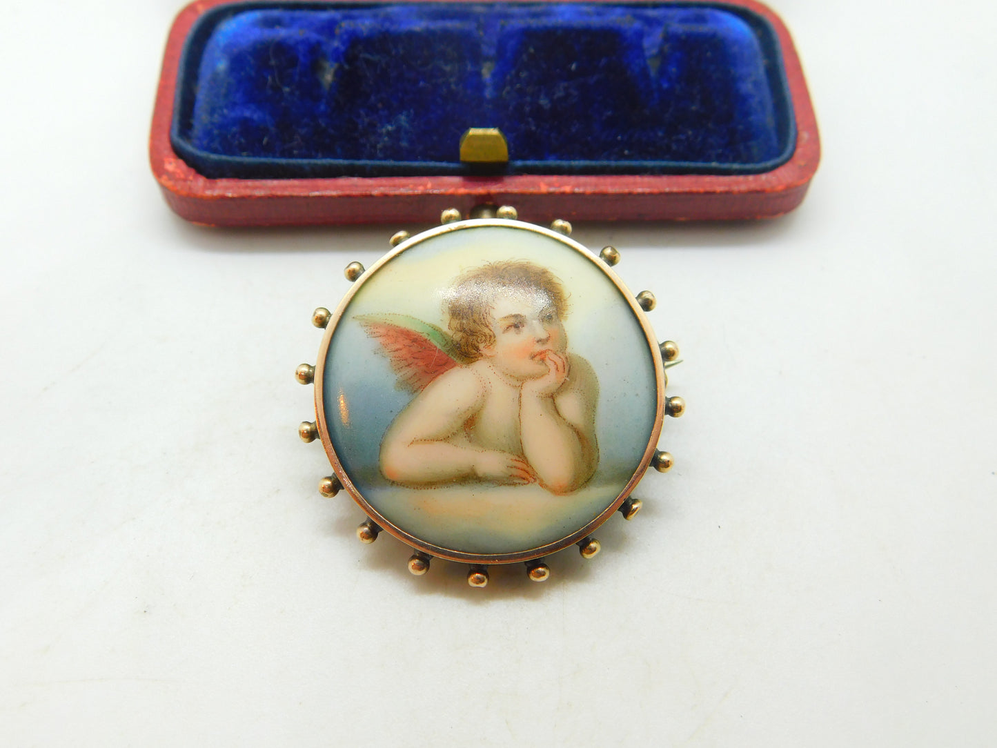 Georgian Sterling Silver Painted Porcelain Raphael's Cherub Brooch Antique c1820