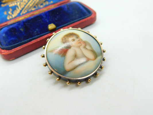 Georgian Sterling Silver Painted Porcelain Raphael's Cherub Brooch Antique c1820