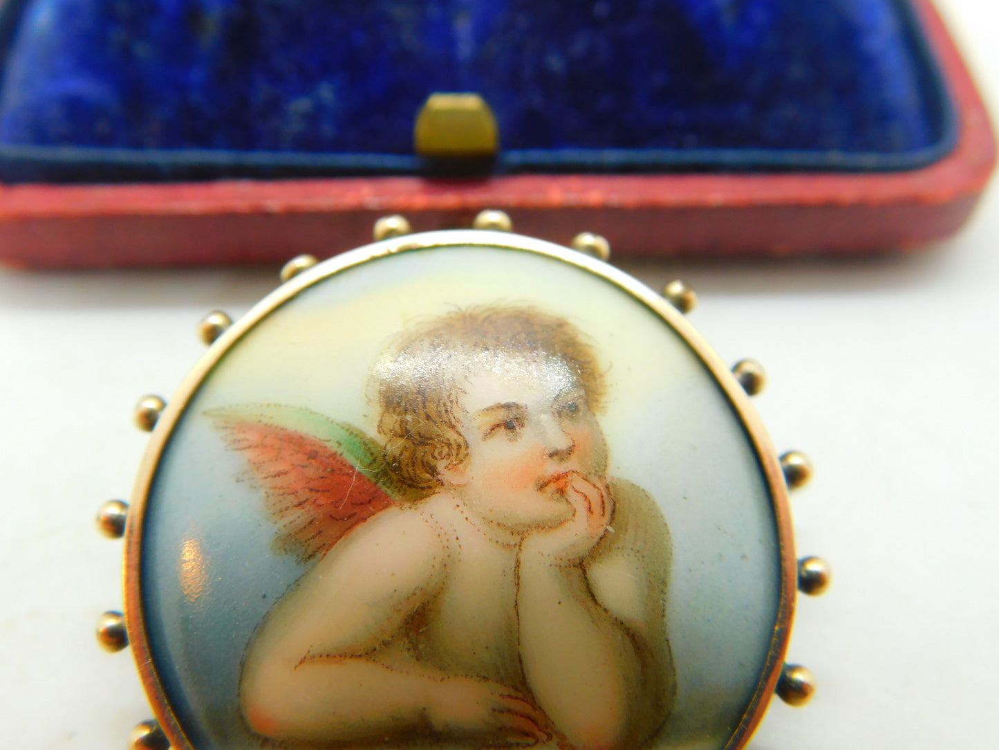 Georgian Sterling Silver Painted Porcelain Raphael's Cherub Brooch Antique c1820