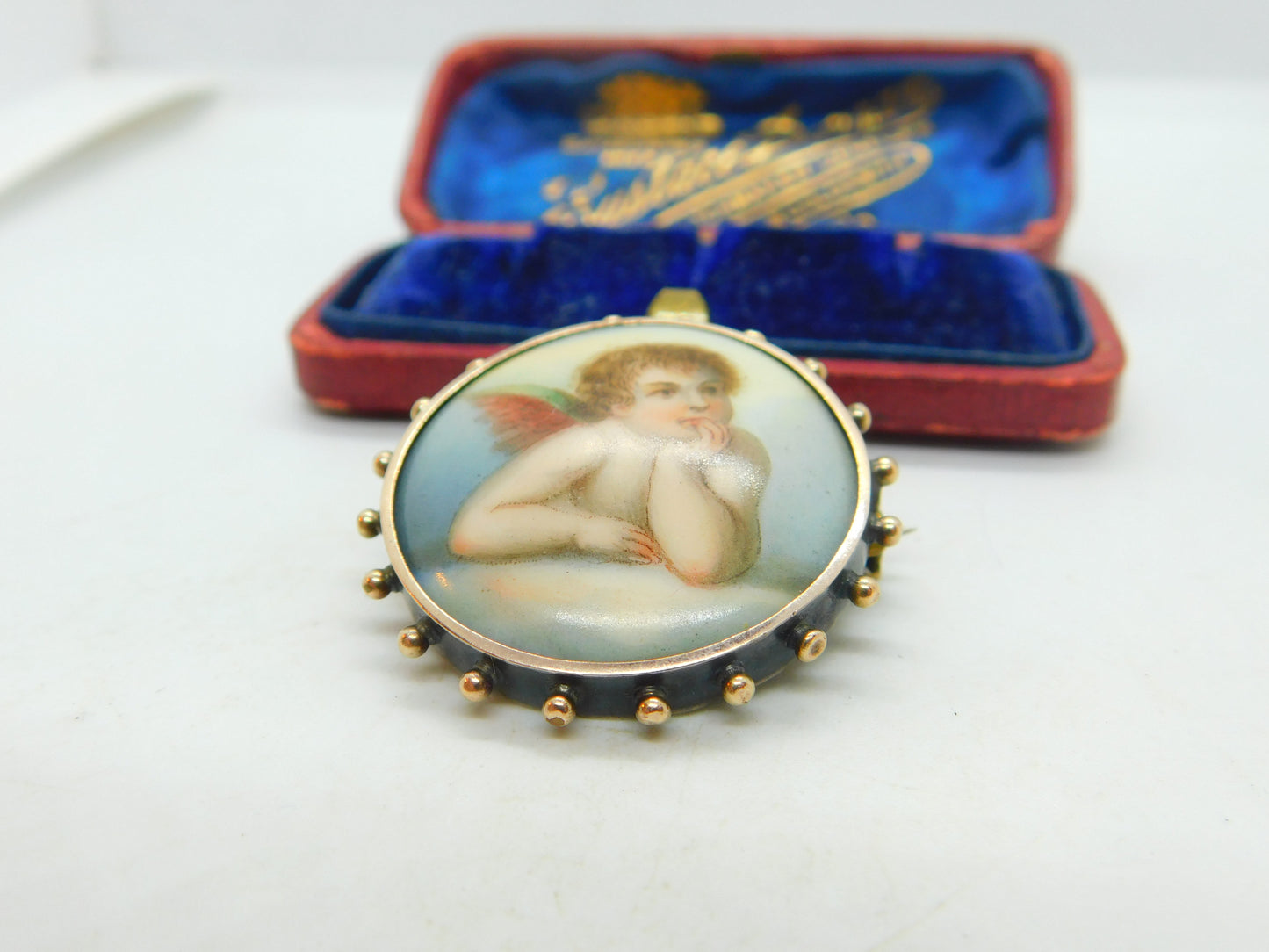 Georgian Sterling Silver Painted Porcelain Raphael's Cherub Brooch Antique c1820