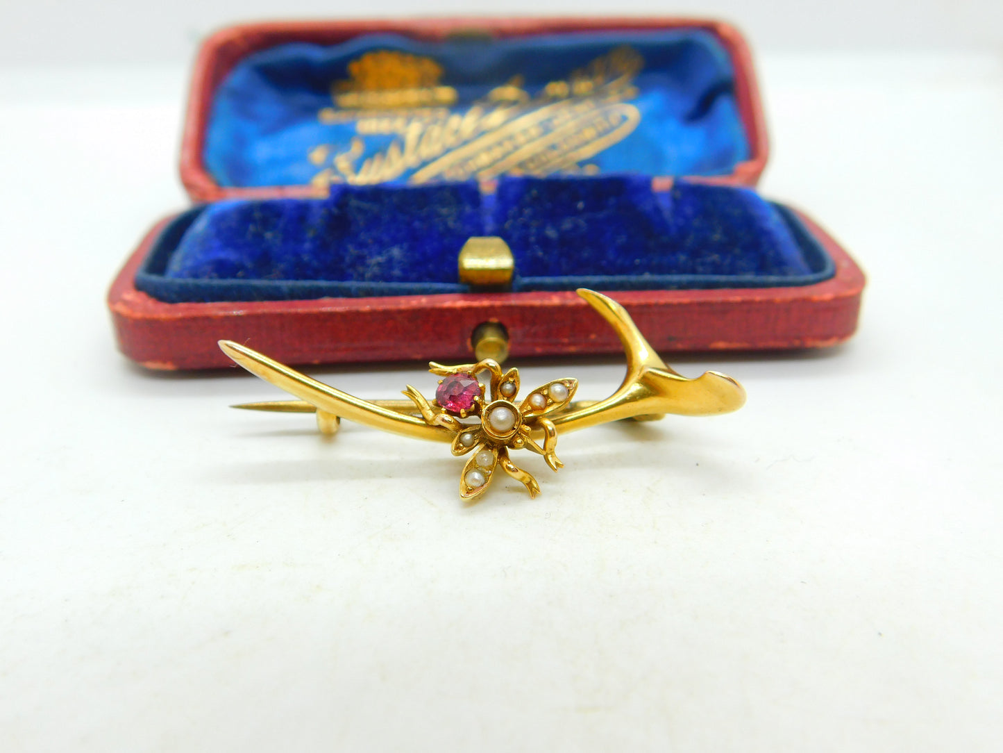 15ct Yellow Gold Wishbone Form Insect Bug Brooch With Pearl & Garnet Edwardian