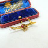 15ct Yellow Gold Wishbone Form Insect Bug Brooch With Pearl & Garnet Edwardian