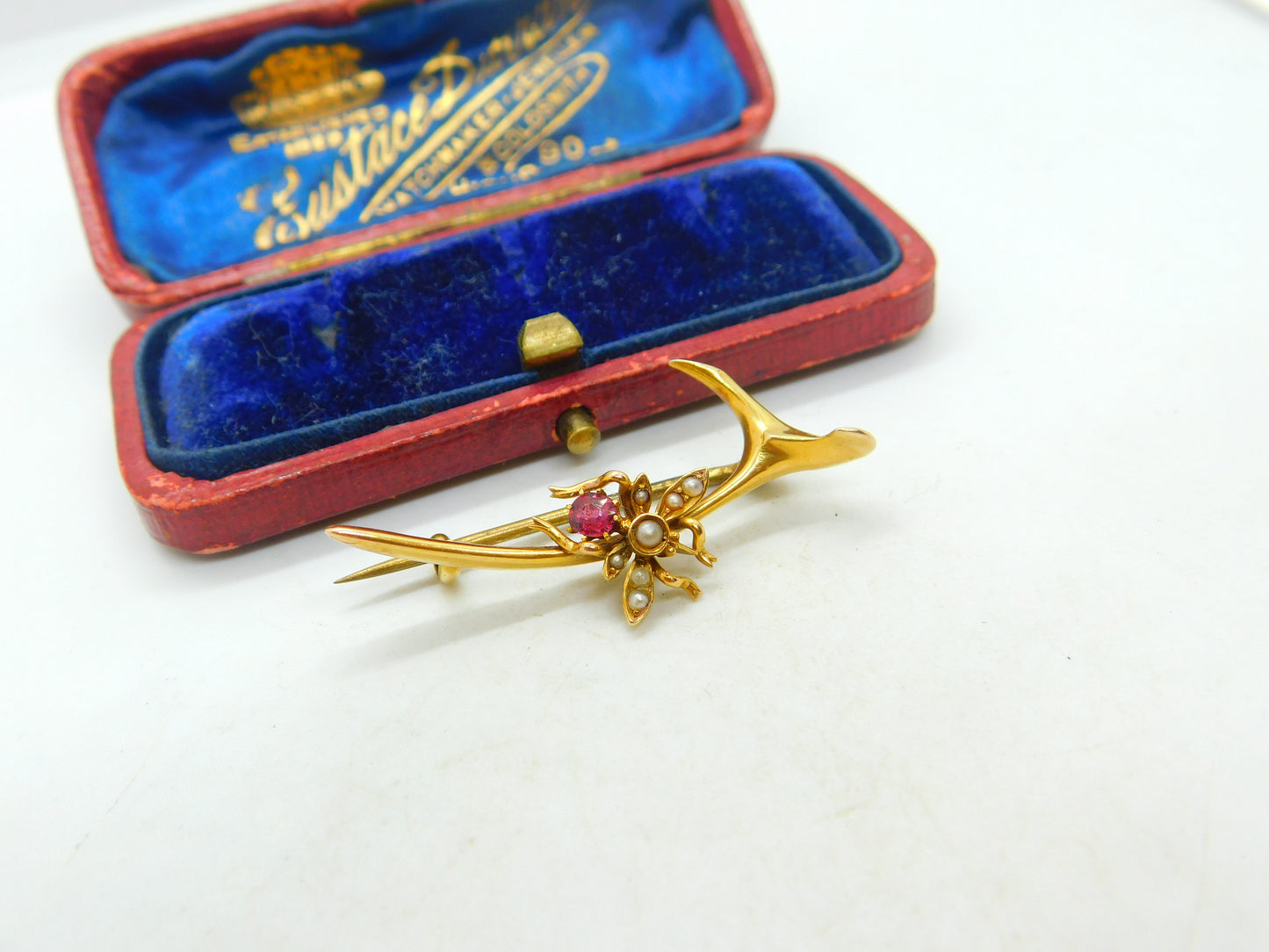 15ct Yellow Gold Wishbone Form Insect Bug Brooch With Pearl & Garnet Edwardian