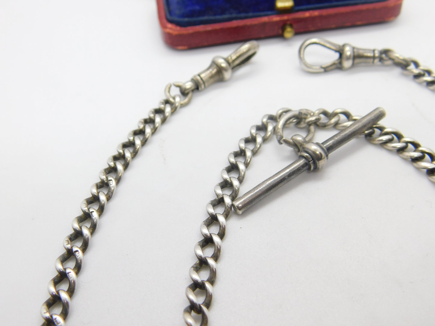 Victorian Sterling Silver Double Albert Watch Chain 1896 Birmingham Antique 20" Length