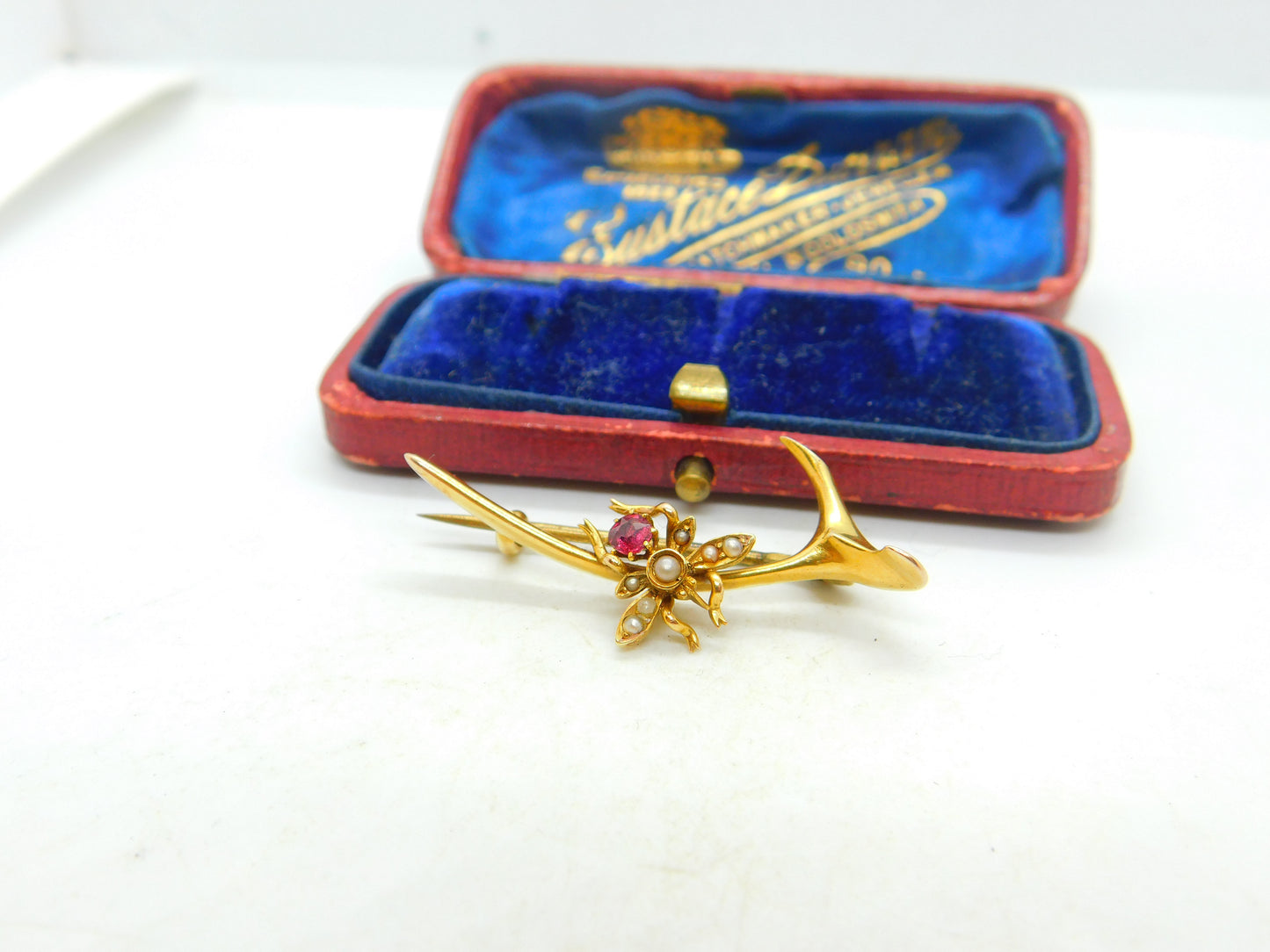 15ct Yellow Gold Wishbone Form Insect Bug Brooch With Pearl & Garnet Edwardian