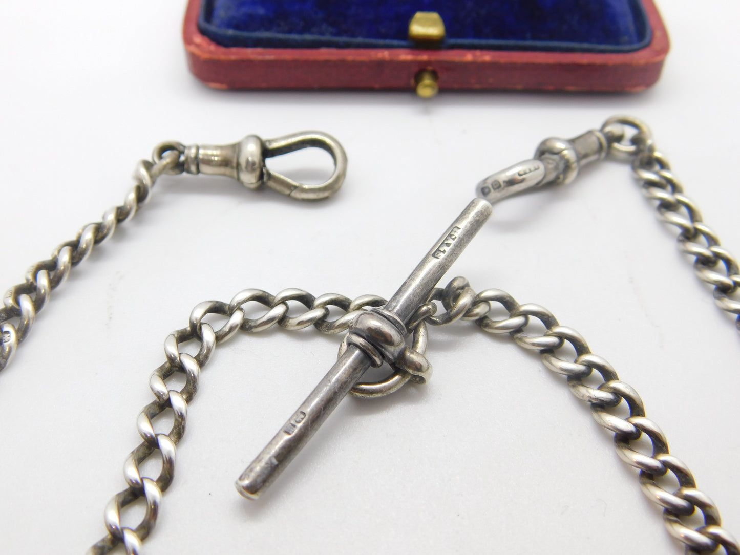 Victorian Sterling Silver Double Albert Watch Chain 1896 Birmingham Antique 20" Length