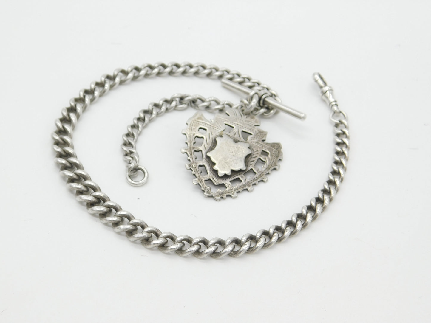 Edwardian Sterling Silver Graduating Albert Watch Chain with Fob 1904 Birmingham