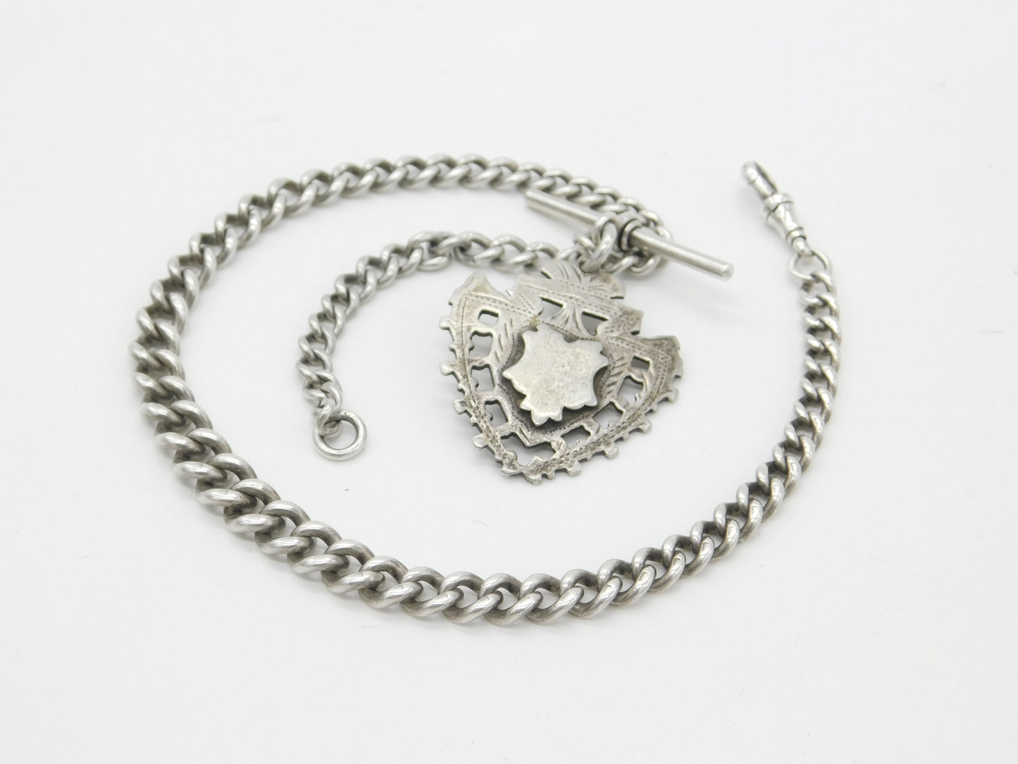 Edwardian Sterling Silver Graduating Albert Watch Chain with Fob 1904 Birmingham