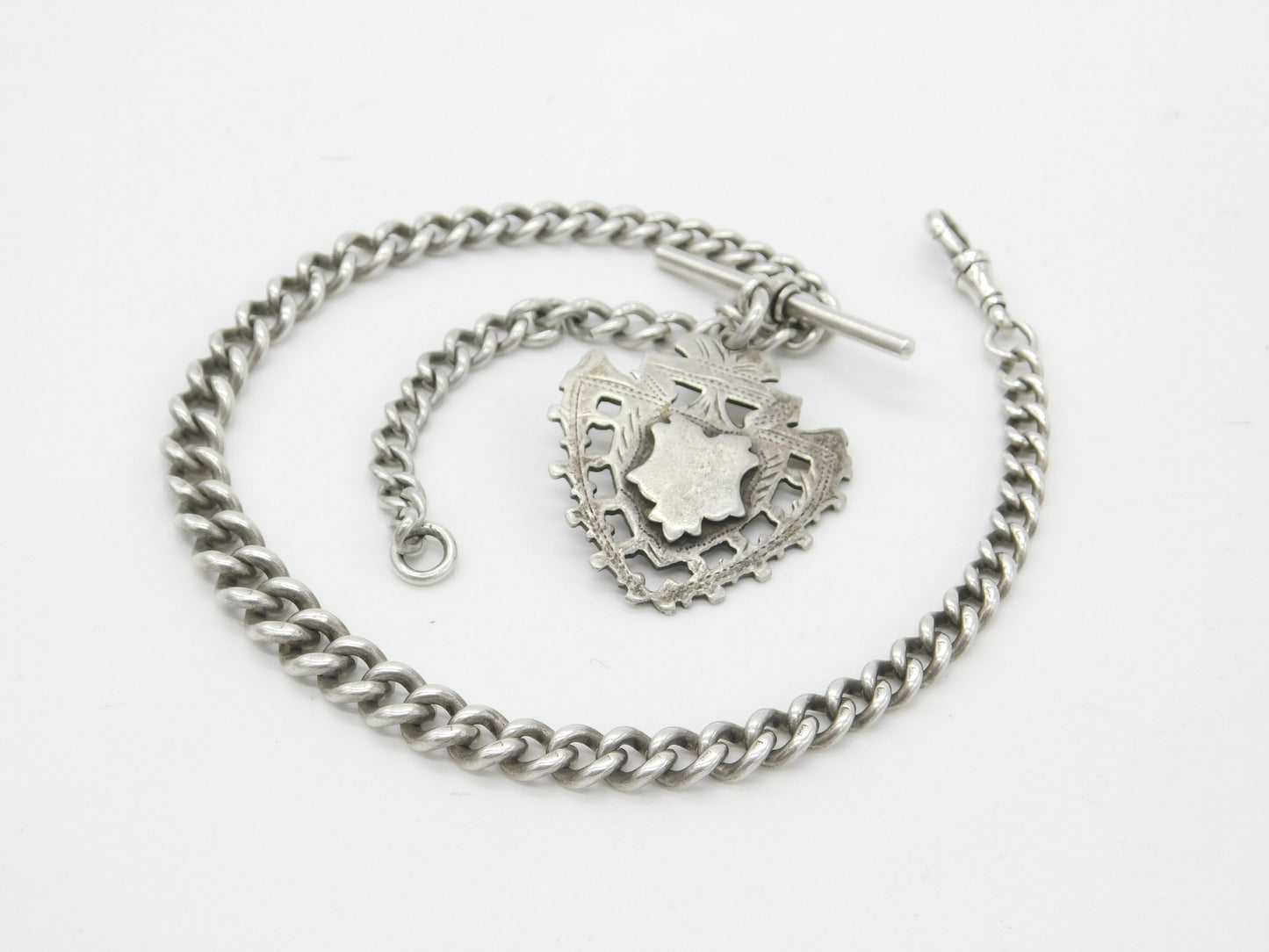 Edwardian Sterling Silver Graduating Albert Watch Chain with Fob 1904 Birmingham