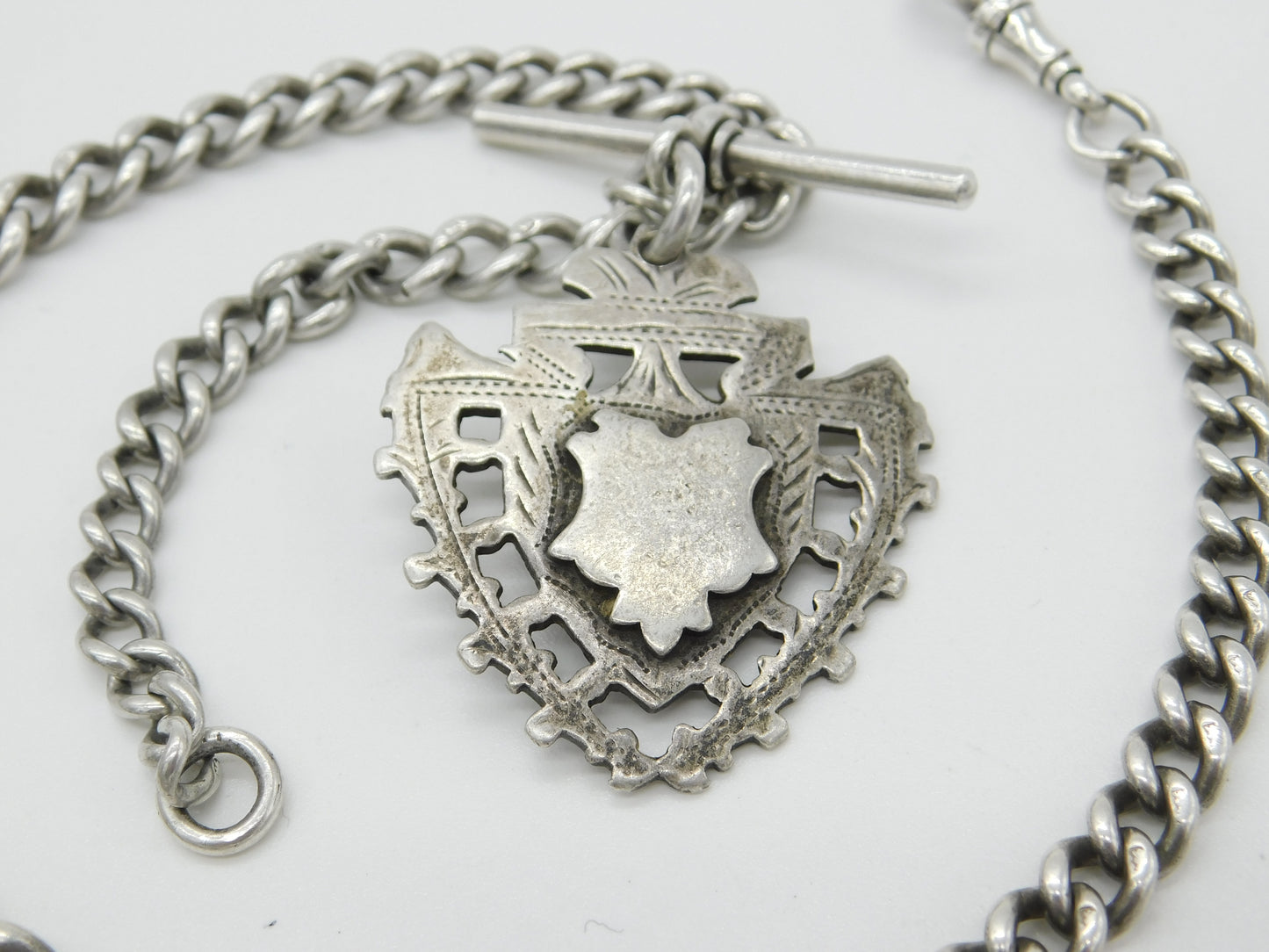 Edwardian Sterling Silver Graduating Albert Watch Chain with Fob 1904 Birmingham