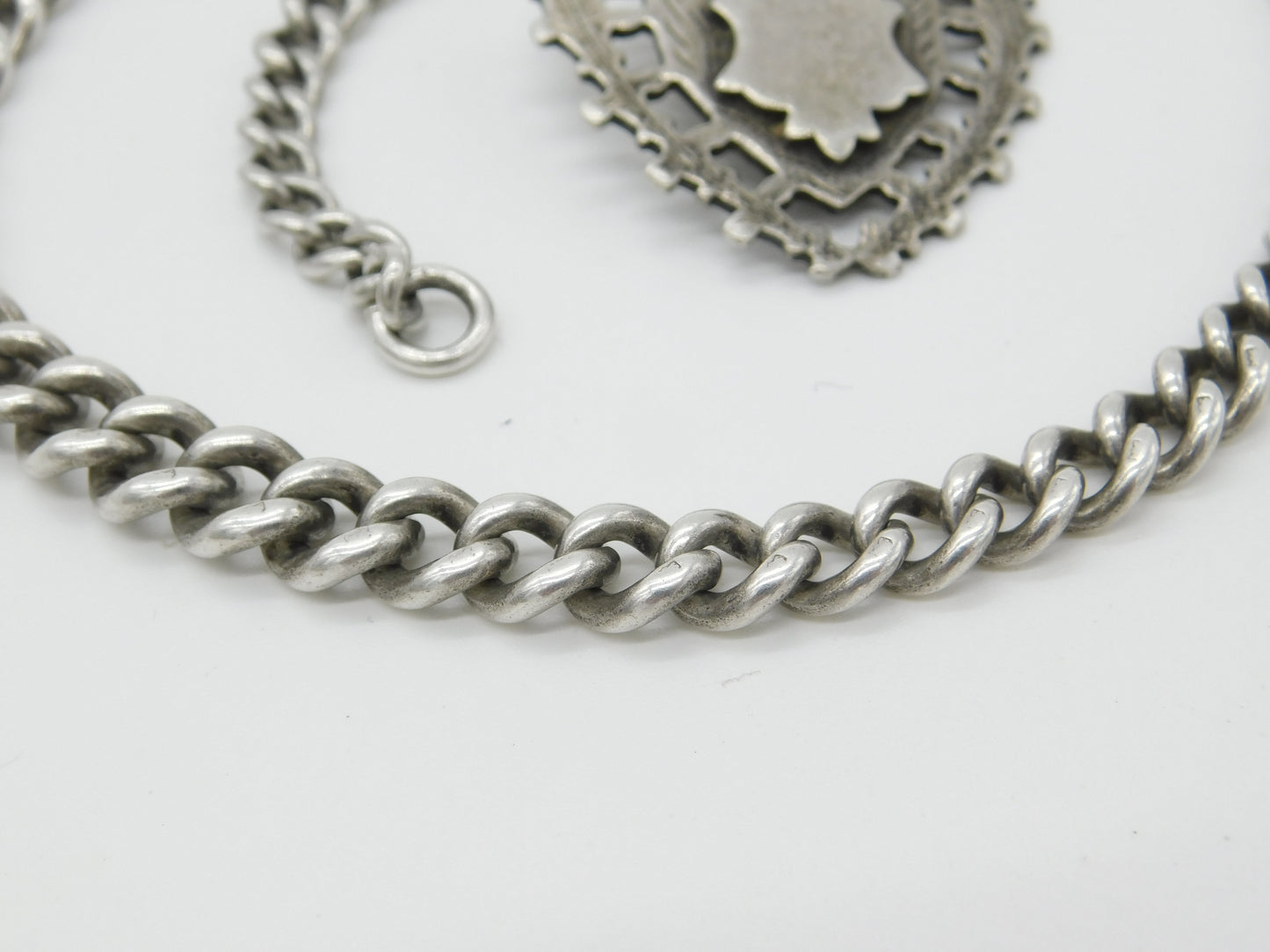 Edwardian Sterling Silver Graduating Albert Watch Chain with Fob 1904 Birmingham