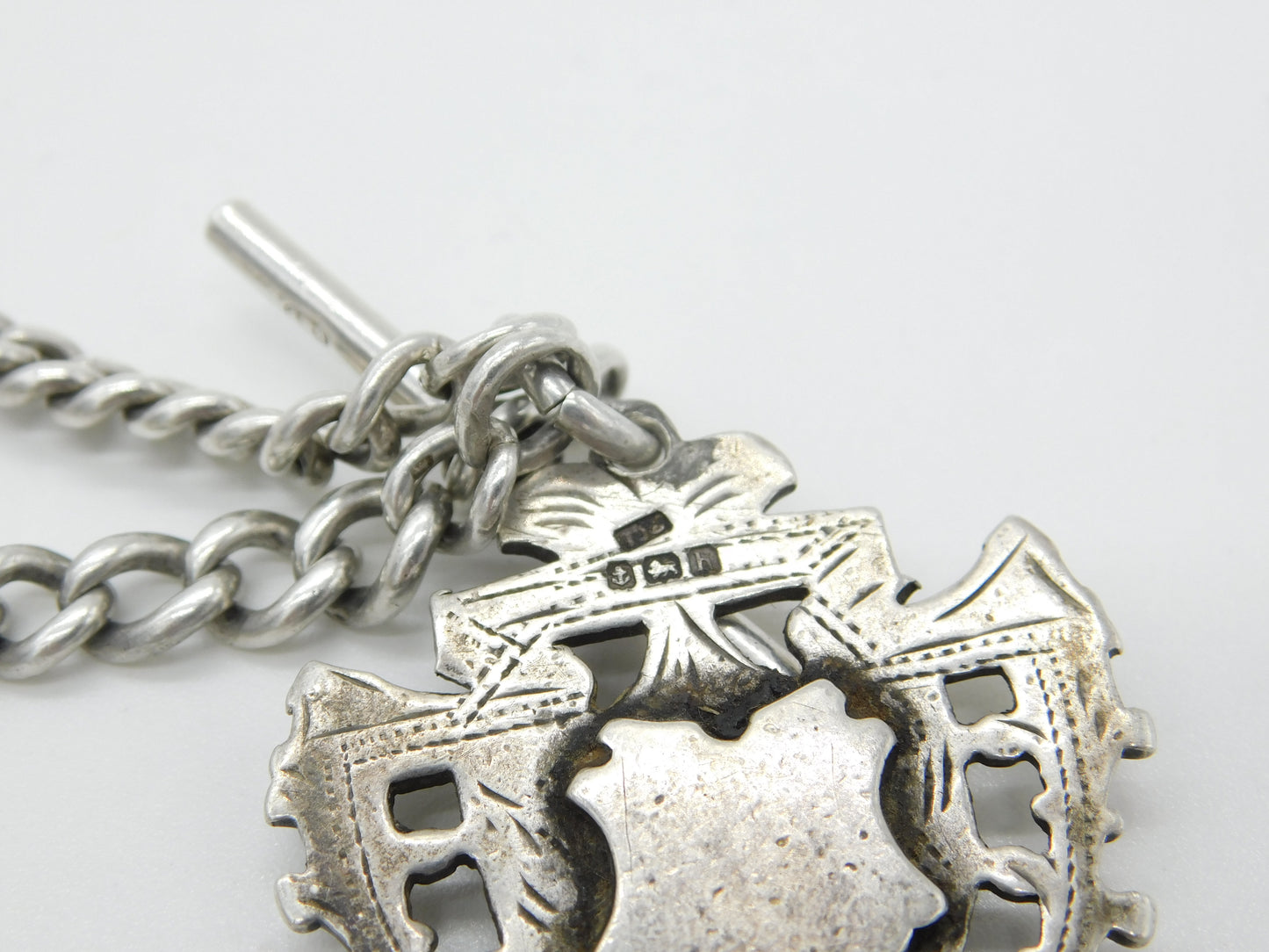 Edwardian Sterling Silver Graduating Albert Watch Chain with Fob 1904 Birmingham