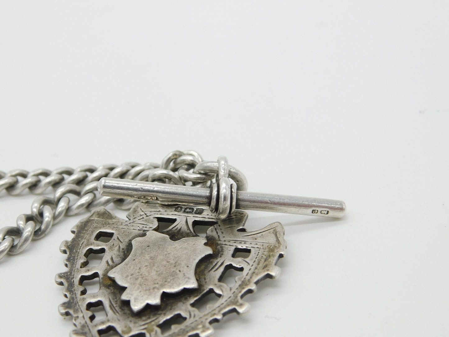 Edwardian Sterling Silver Graduating Albert Watch Chain with Fob 1904 Birmingham