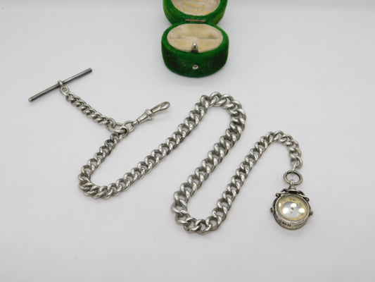 Sterling Silver Graduating Albert Watch Chain Compass Fob Antique 1913 Deco