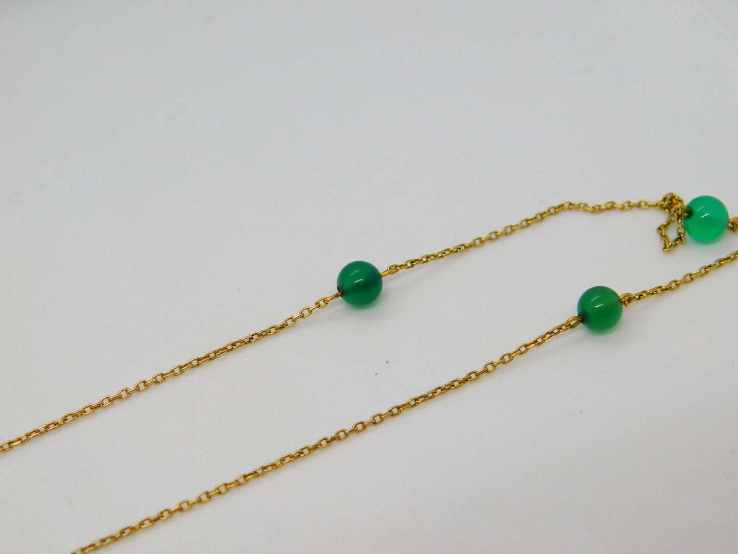 Long 9ct Yellow Gold & Green Glass Beaded Dress Necklace Antique c1920 80cm