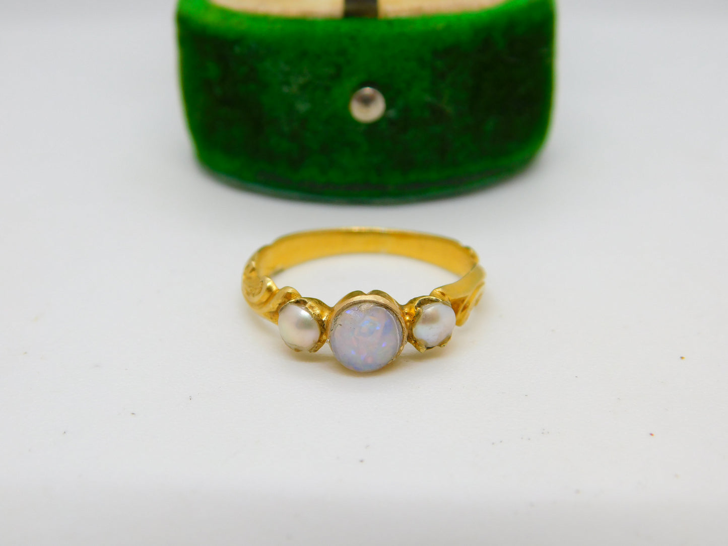 Victorian 22ct Yellow Gold, Opal & Seed Pearl Floral Ring Antique c1840