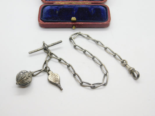 Victorian Sterling Silver Watch Chain with Ball & Bellows Fob Antique 1886 Birmingham