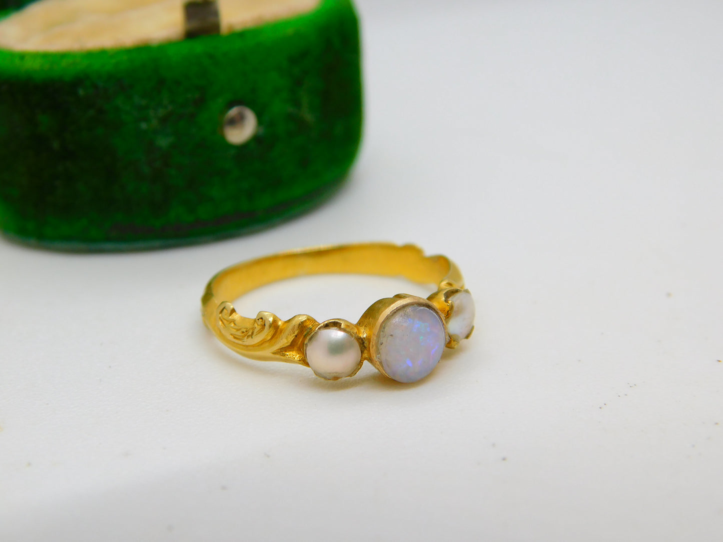 Victorian 22ct Yellow Gold, Opal & Seed Pearl Floral Ring Antique c1840