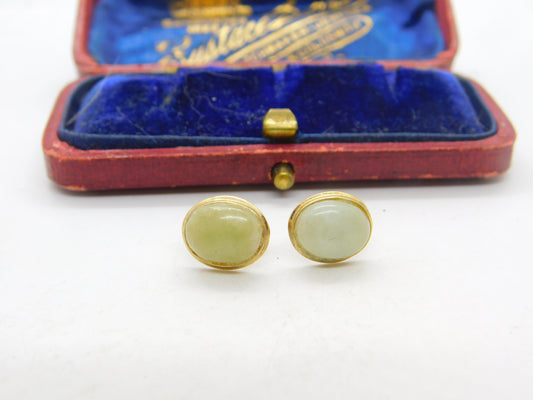 Pair of 9ct Yellow Gold & Cabochon Jade Stud Earrings Vintage c1970