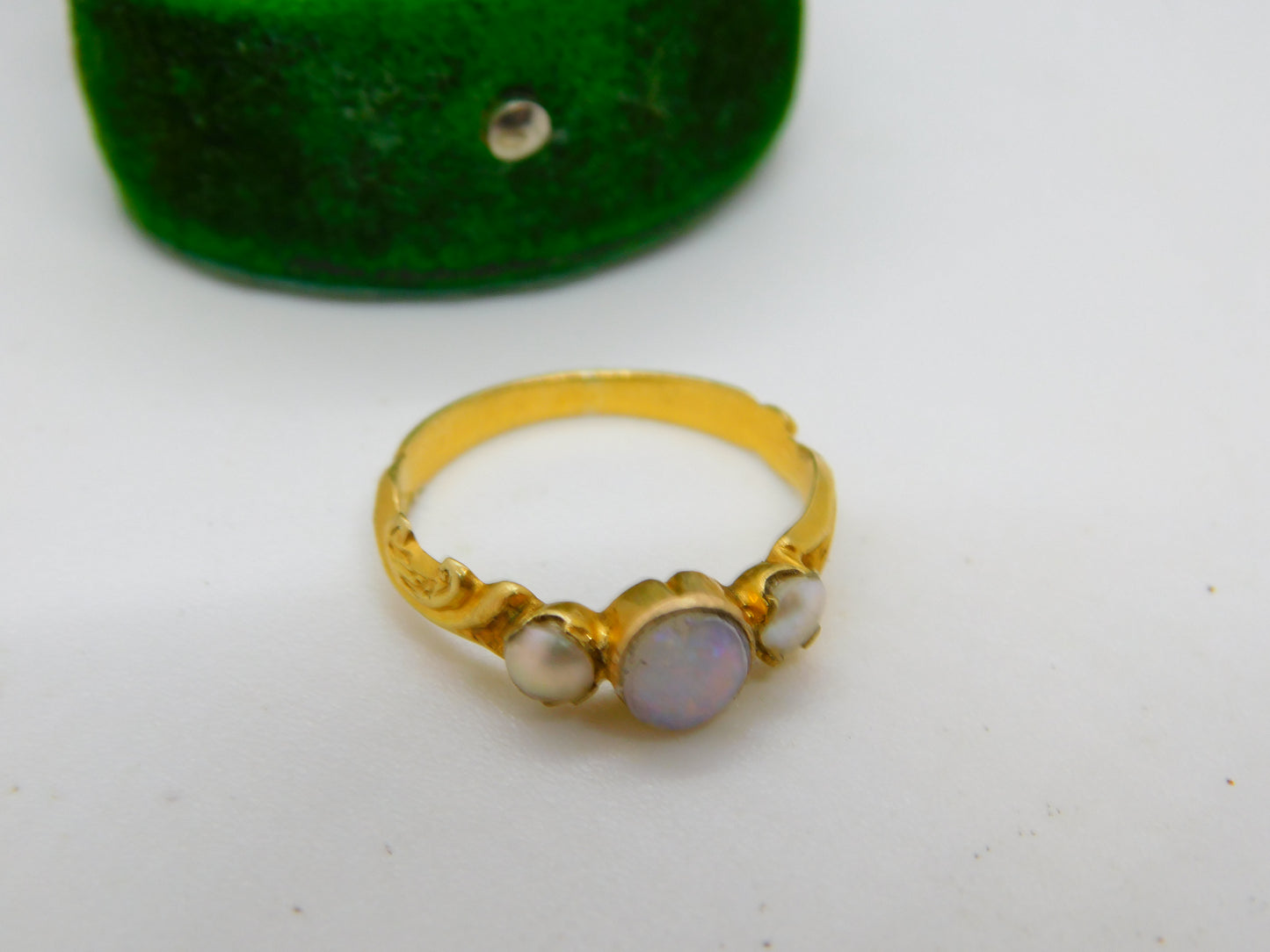 Victorian 22ct Yellow Gold, Opal & Seed Pearl Floral Ring Antique c1840