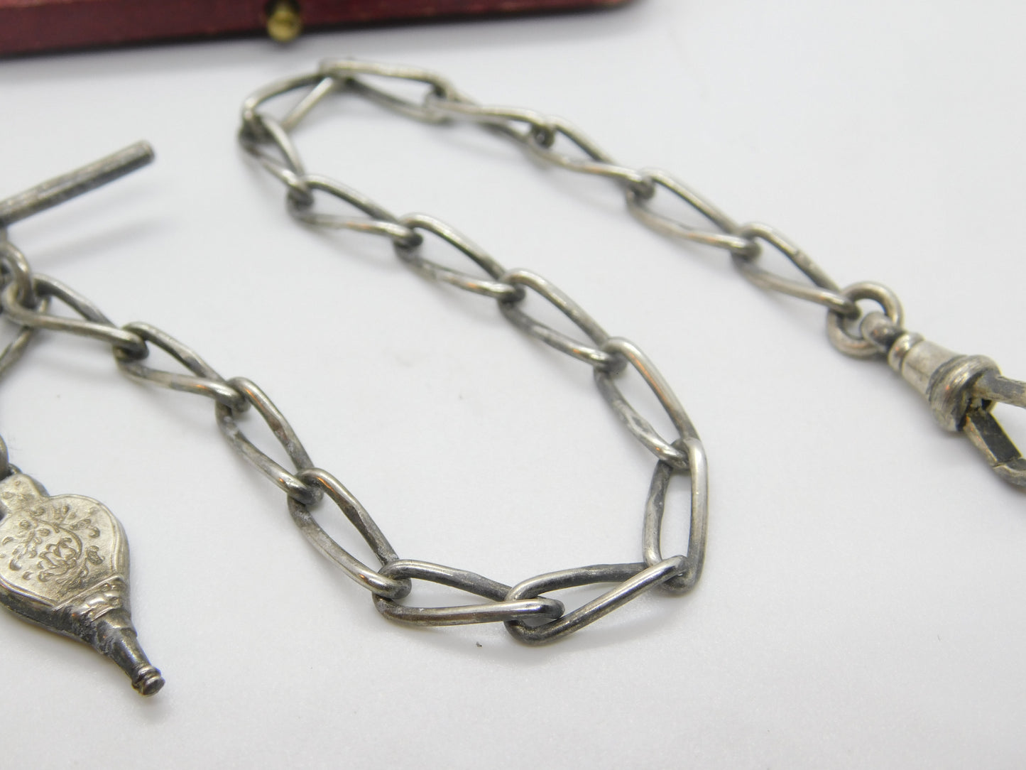 Victorian Sterling Silver Watch Chain with Ball & Bellows Fob Antique 1886 Birmingham