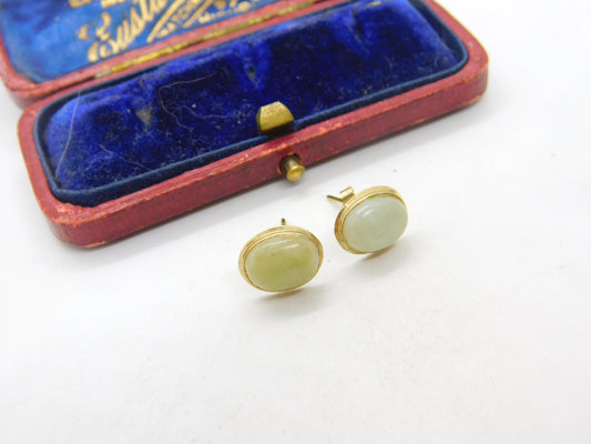 Pair of 9ct Yellow Gold & Cabochon Jade Stud Earrings Vintage c1970