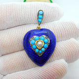 Victorian 18ct Gold, Blue Enamel, Turquoise & Pearl Heart Pendant c1840 Antique
