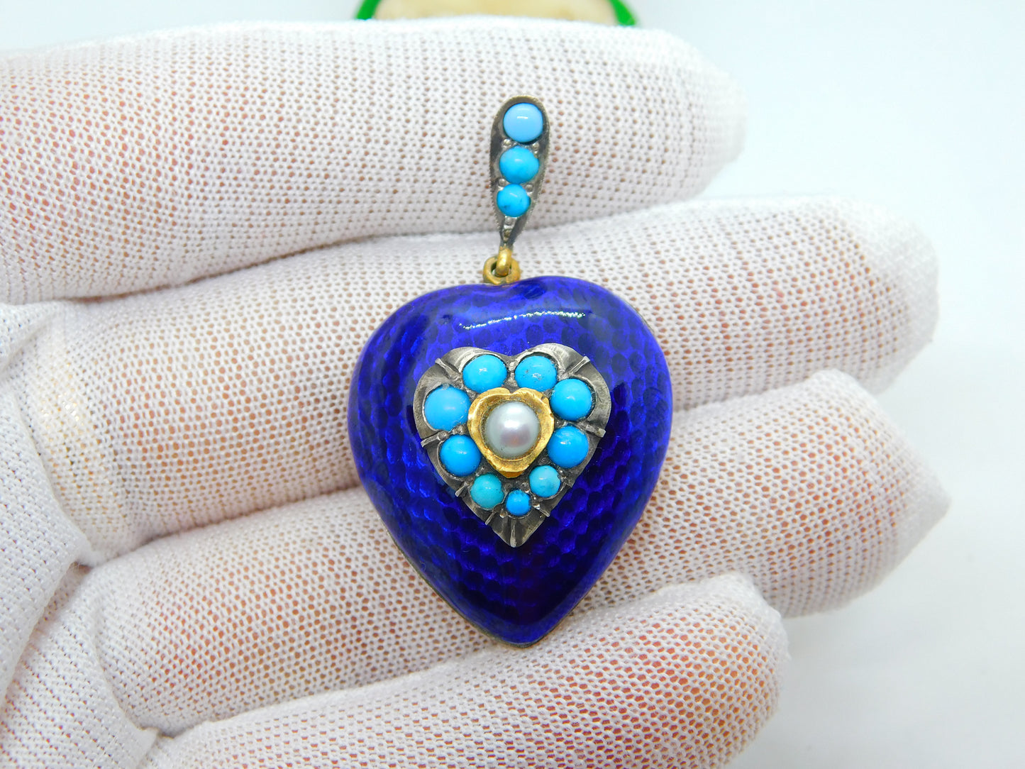 Victorian 18ct Gold, Blue Enamel, Turquoise & Pearl Heart Pendant c1840 Antique