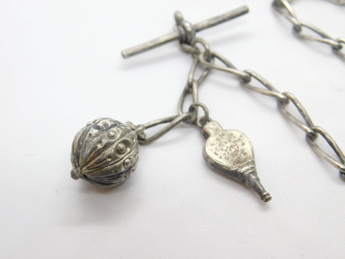 Victorian Sterling Silver Watch Chain with Ball & Bellows Fob Antique 1886 Birmingham