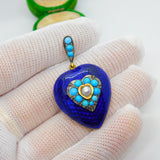 Victorian 18ct Gold, Blue Enamel, Turquoise & Pearl Heart Pendant c1840 Antique