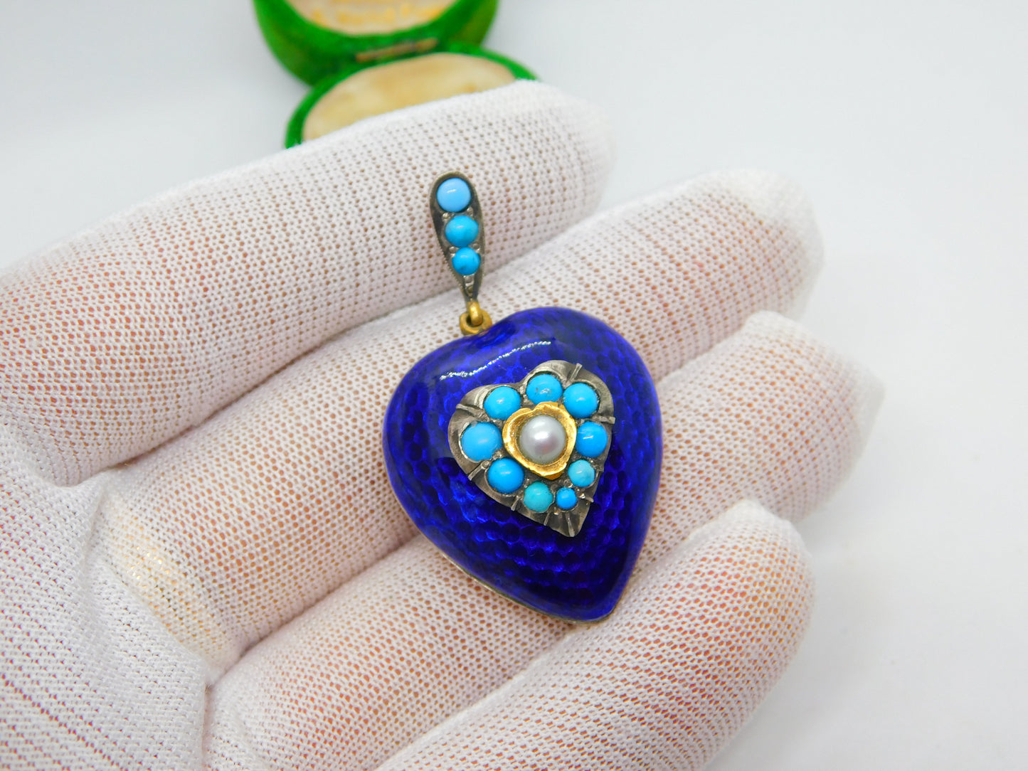 Victorian 18ct Gold, Blue Enamel, Turquoise & Pearl Heart Pendant c1840 Antique