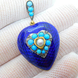 Victorian 18ct Gold, Blue Enamel, Turquoise & Pearl Heart Pendant c1840 Antique